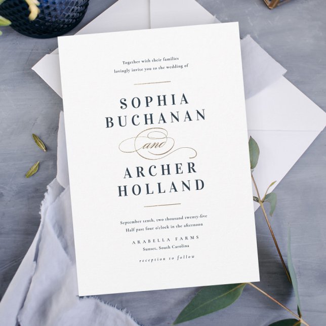 Elegante Hochzeit in Blau und Gold Einladung (Von Creator hochgeladen)