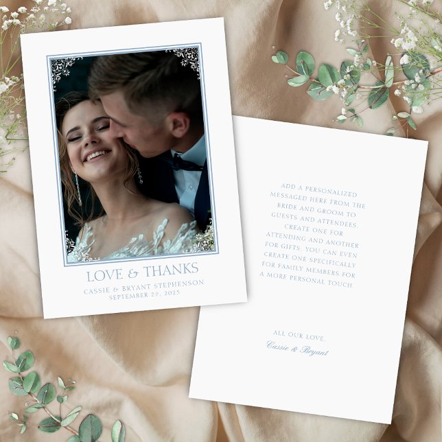 Elegante Hochzeit in Blau und Weiß Dankeskarte (Elegant blue and white vintage love and thanks wedding thank you cards with photo and chic border)