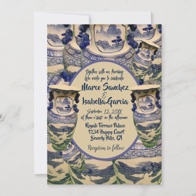 Elegante Hochzeit in Blau und Weiß der Chinoiserie Einladung (Vorderseite)