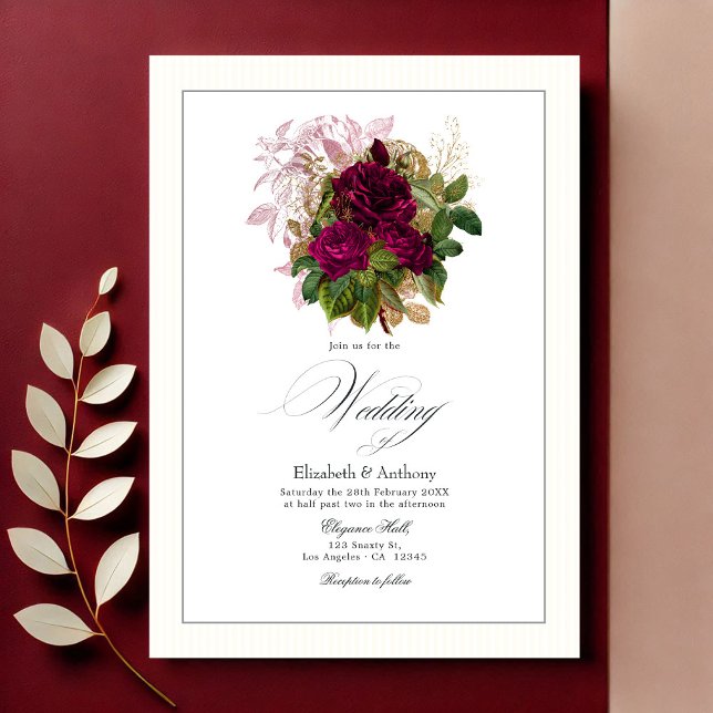 Elegante Hochzeit in Burgund, Gold und Blush Einladung (Elegant Burgundy, Gold and Blush Floral Wedding Invitation)