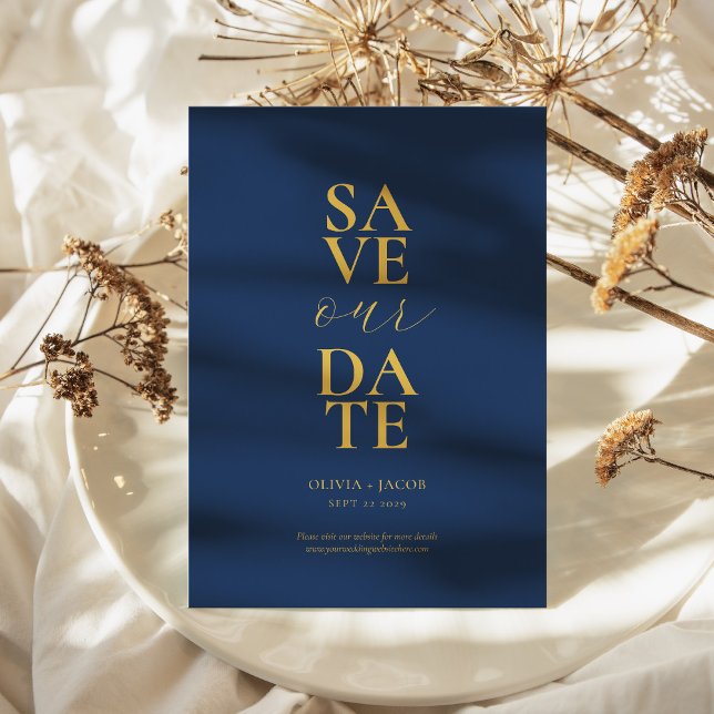 Elegante Hochzeit in der Marine und Gold Minimalis Save The Date (Elegant Navy and Gold Minimalist Wedding Save The Date)
