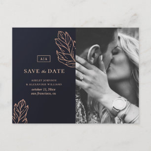 Elegante Hochzeit in Gold. Blau Save the Date Postkarte