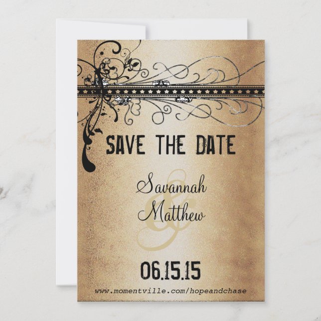 Elegante Hochzeit in Gold und Schwarz Save The Date (Vorderseite)