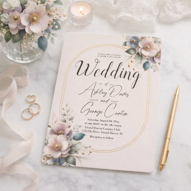 Elegante Hochzeit in Rosa, Blau und Creme Einladung (Von Creator hochgeladen)