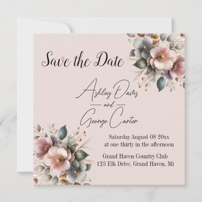 Elegante Hochzeit in Rosa, Blau und Creme Save The Date (Vorderseite)