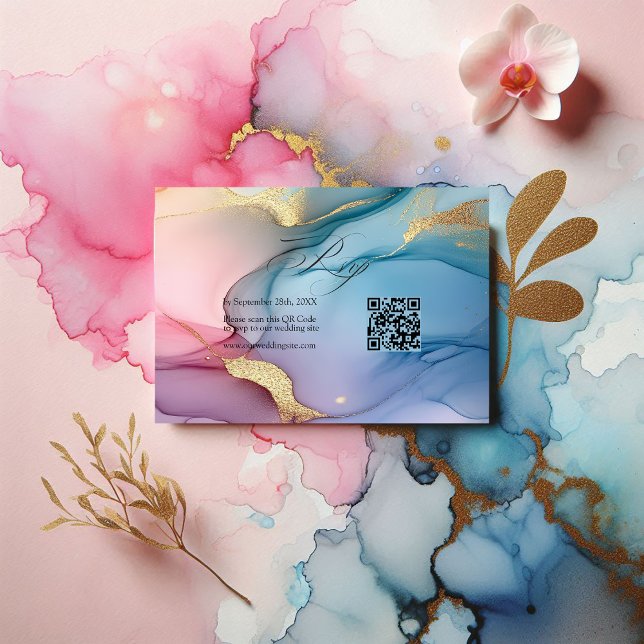 Elegante Hochzeit in Rosa, Blau und Gold RSVP Karte (Elegant Pink, Blue and Gold Flowing Ink Wedding RSVP Card)