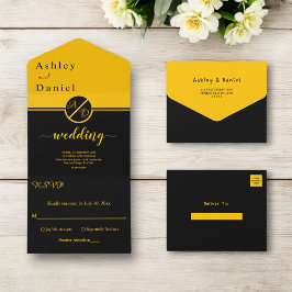 Elegante Hochzeit in Schwarz und Gold All In One Einladung