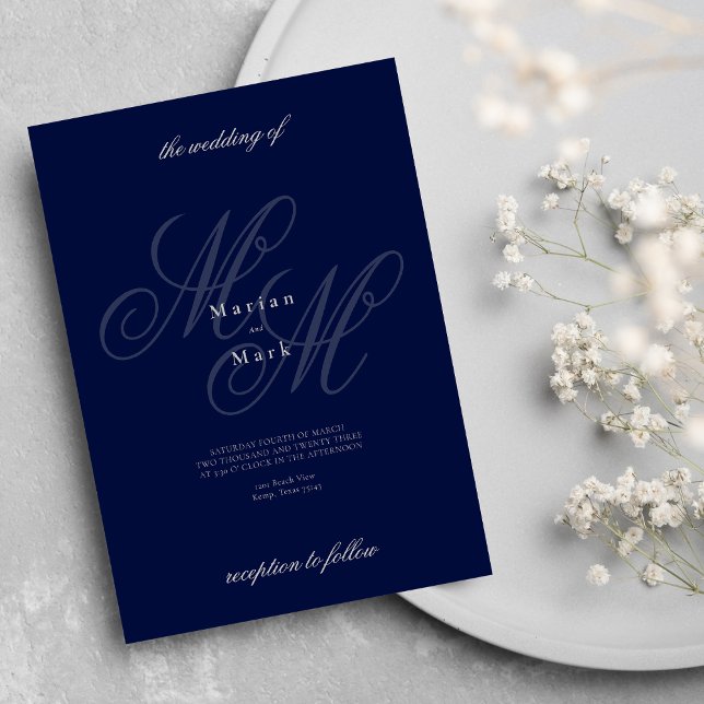 Elegante Hochzeit in silbermarineblau Einladung (Elegant silver navy blue monogram initials wedding )