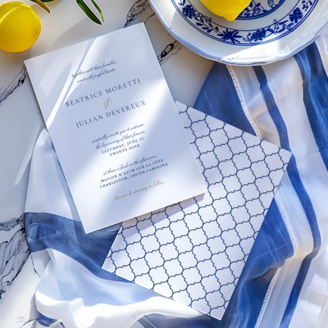 Elegante Hochzeit in Weiß und Blau des Mittelmeers Einladung (Elegant White & Blue Mediterranean Wedding Invitation)