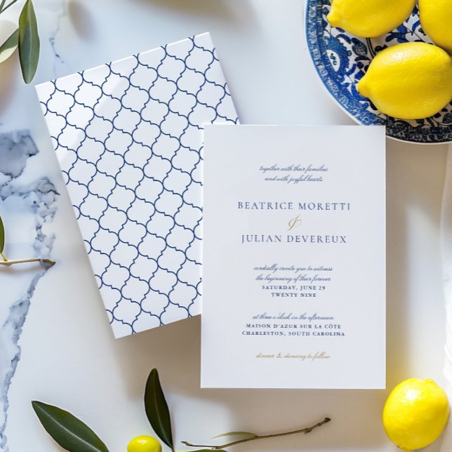 Elegante Hochzeit in Weiß und Blau des Mittelmeers Einladung (Elegant White & Blue Mediterranean Wedding Invitation)
