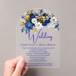 Elegante Hochzeit Königsblau Weiße Goldene Blumen Acryleinladungen