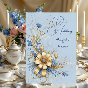 Elegante Hochzeit Kornblumenblau Goldene Blumen Einladung