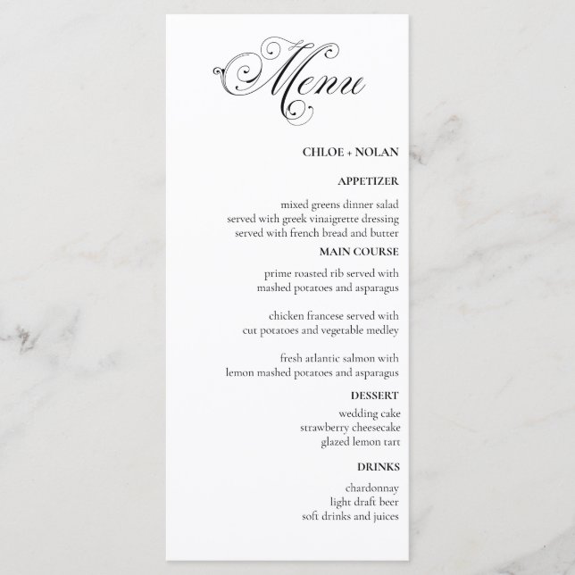Elegante Hochzeit Menükarte (Vorderseite)