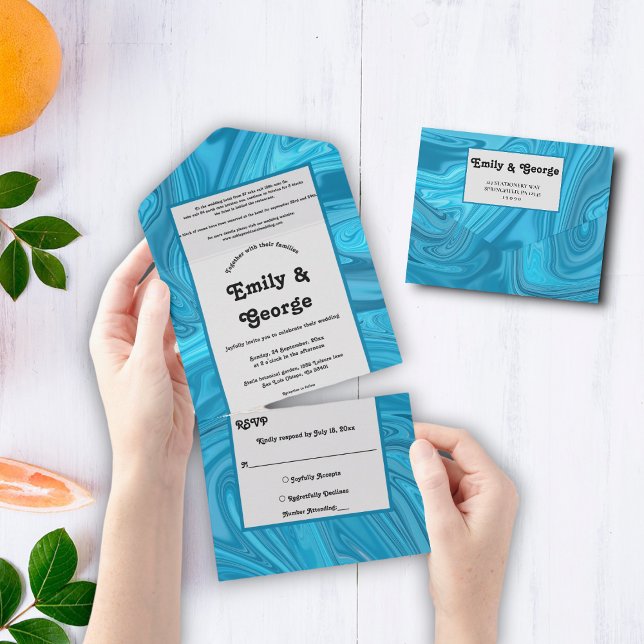 Elegante Hochzeit mit Abstrakter Blauer Wave All In One Einladung (Von Creator hochgeladen)