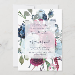 Elegante Hochzeit mit Berry und Blue Watercolor Einladung
