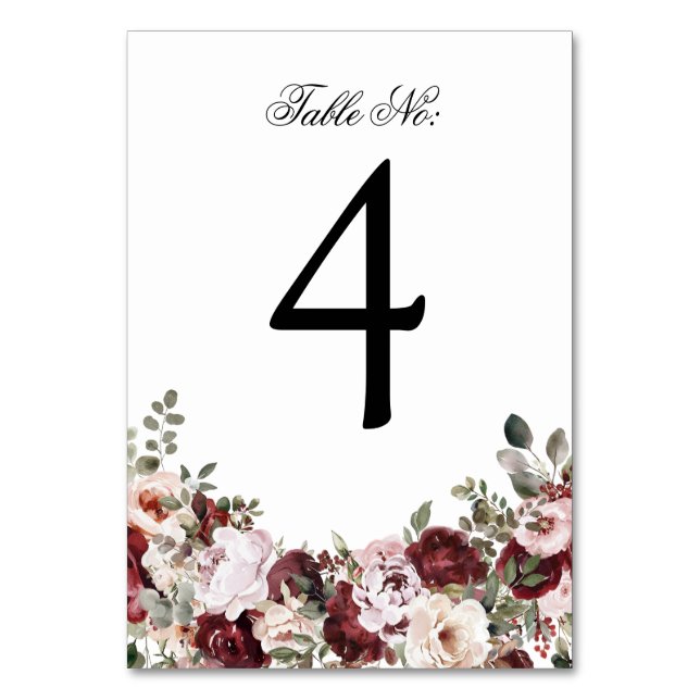 Elegante Hochzeit mit Burgund und Blush Tischnummer (Vorderseite)