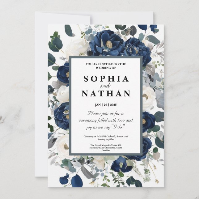 Elegante Hochzeit mit Flora Navy und White Wedding Einladung (Vorderseite)