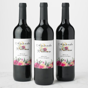 Elegante Hochzeit mit floralen Rosa Wasserfarben Weinetikett