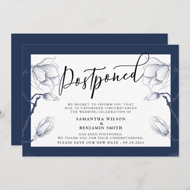 Elegante Hochzeit mit floraler Marine und White Po Einladung (Vorne/Hinten)