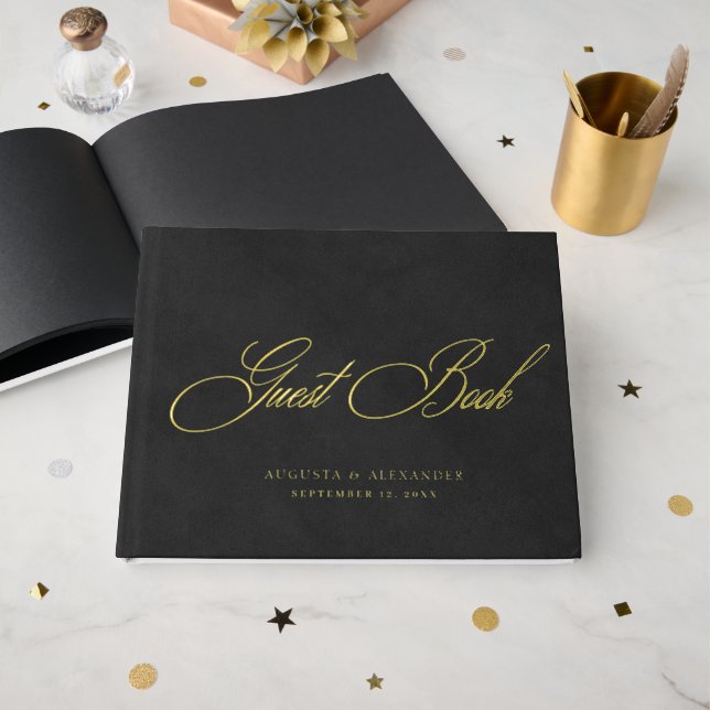 Elegante Hochzeit mit Gold Foil & Black Velvet Gästebuch (Vorderseite offen)