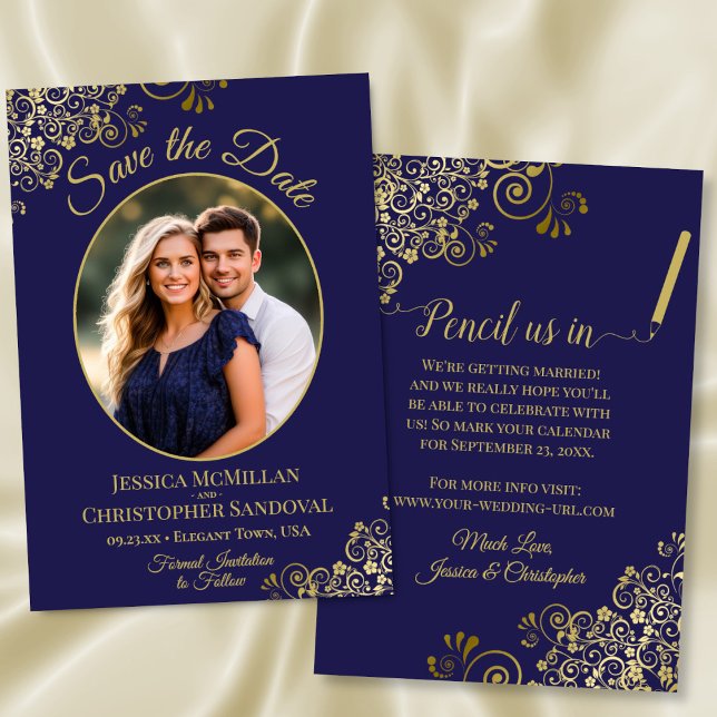 Elegante Hochzeit mit Gold Lace & Oval Foto Navy Save The Date (Front/Back)