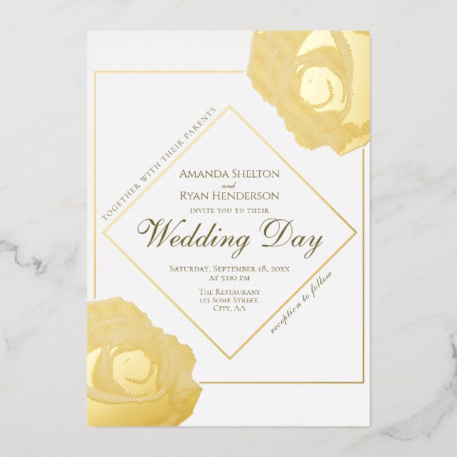 Elegante Hochzeit mit Gold Rose Folieneinladung (Vorderseite)