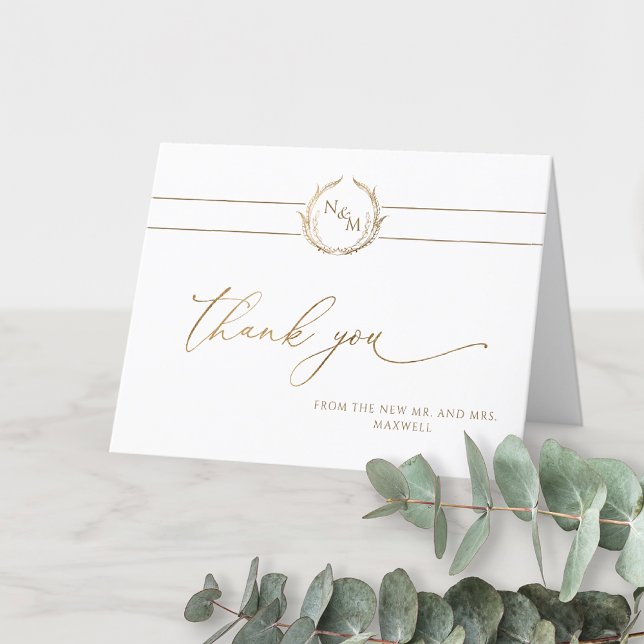 Elegante Hochzeit mit Gold und White Monogram Dankeskarte (Von Creator hochgeladen)