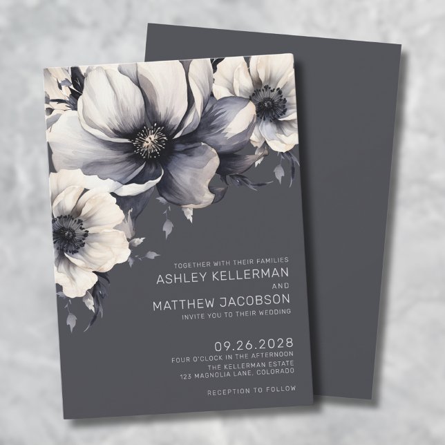 Elegante Hochzeit mit Graufarben Einladung (Elegant Gray Watercolor Floral Wedding Invitation)