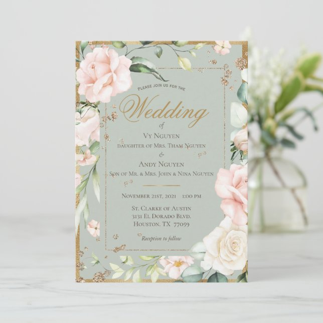 Elegante Hochzeit mit grünem Rosa Wasserfarben Einladung (Stehend Vorderseite)