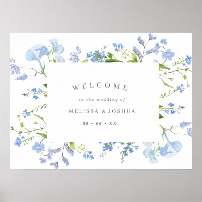 Elegante Hochzeit mit hellblauer Blume Willkommen Poster (Vorne)