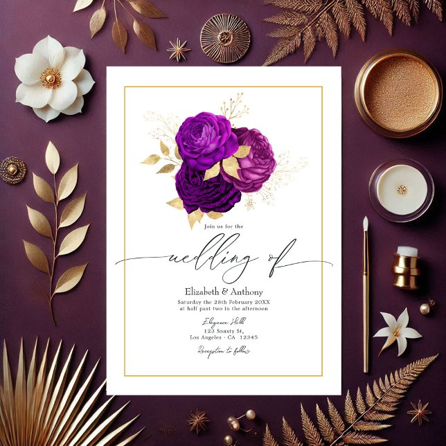 Elegante Hochzeit mit Lila und goldenen Blumen Einladung (Elegant Purple and Gold Floral Wedding Invitation)