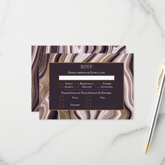 Elegante Hochzeit mit Lila und Goldmarmor RSVP Karte (Vorderseite/Rückseite Beispiel)