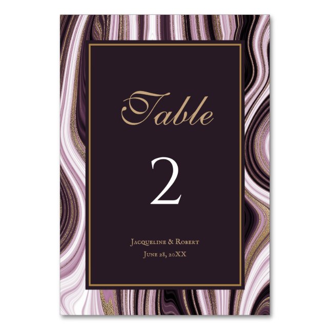 Elegante Hochzeit mit Lila und Goldmarmor Tischnummer (Vorderseite)