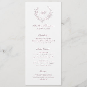 Elegante Hochzeit mit Mauve-Kranz-Monogramm Menükarte