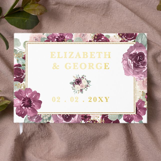 Elegante Hochzeit mit moderner Pflaume Gästebuch (Elegant Modern Plum Gold Floral Wedding Guest Book)