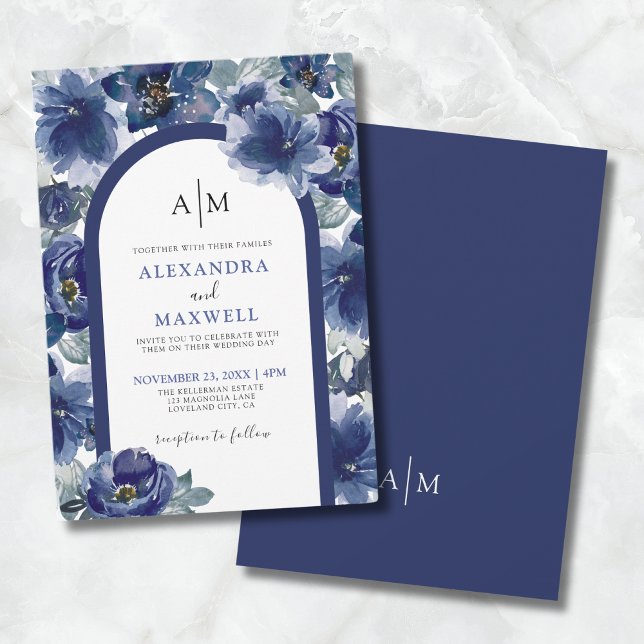 Elegante Hochzeit mit moderner Wasserfarbe, blau-b Einladung (Elegant Modern Watercolor Navy Blue Floral Wedding Invitation)