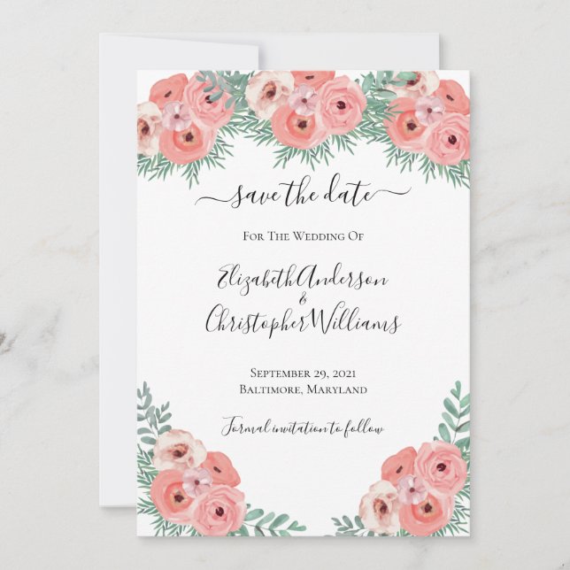 Elegante Hochzeit mit rosa grüner Wasserfarbe Save The Date (Vorderseite)