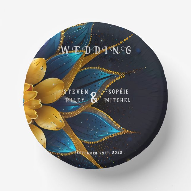 Elegante Hochzeit mit Sapphire und Gold Floral Pappteller (Vorderseite)