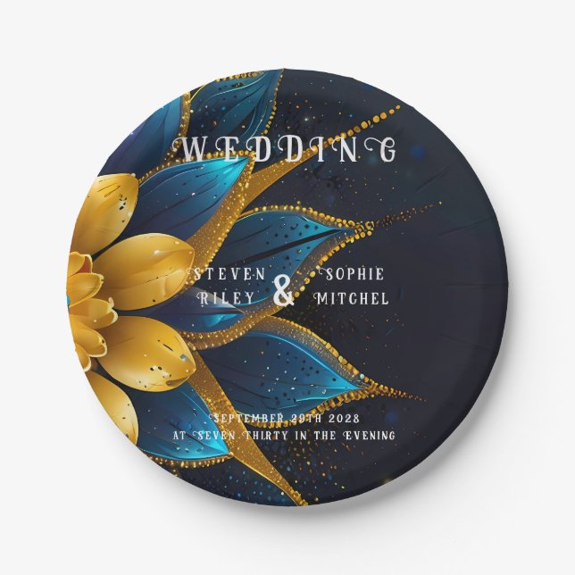Elegante Hochzeit mit Sapphire und Gold Floral Pappteller (Vorderseite)