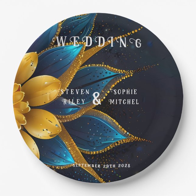 Elegante Hochzeit mit Sapphire und Gold Floral Pappteller (Vorderseite)