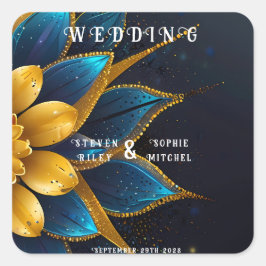 Elegante Hochzeit mit Sapphire und Gold Floral Quadratischer Aufkleber