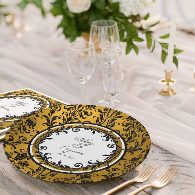 Elegante Hochzeit mit Schwarz-weiß & Gold Damask Pappteller (Von Creator hochgeladen)