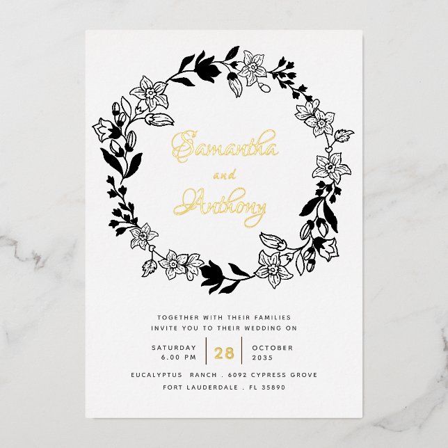 Elegante Hochzeit mit Schwarz-weißem Goldflorenkre Folieneinladung (Vorderseite)