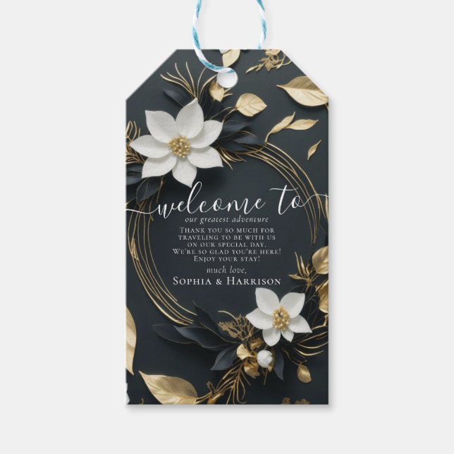 Elegante Hochzeit mit Schwarz-weißem und goldenem  Geschenkanhänger (Vorderseite)