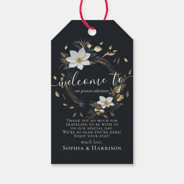 Elegante Hochzeit mit Schwarz-weißem und goldenem  Geschenkanhänger (Vorderseite)