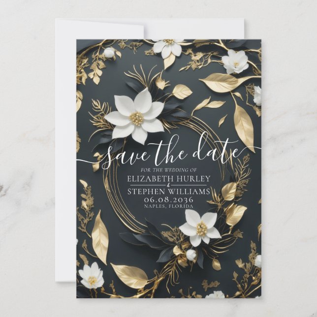 Elegante Hochzeit mit Schwarz-weißem und goldenem  Save The Date (Vorderseite)