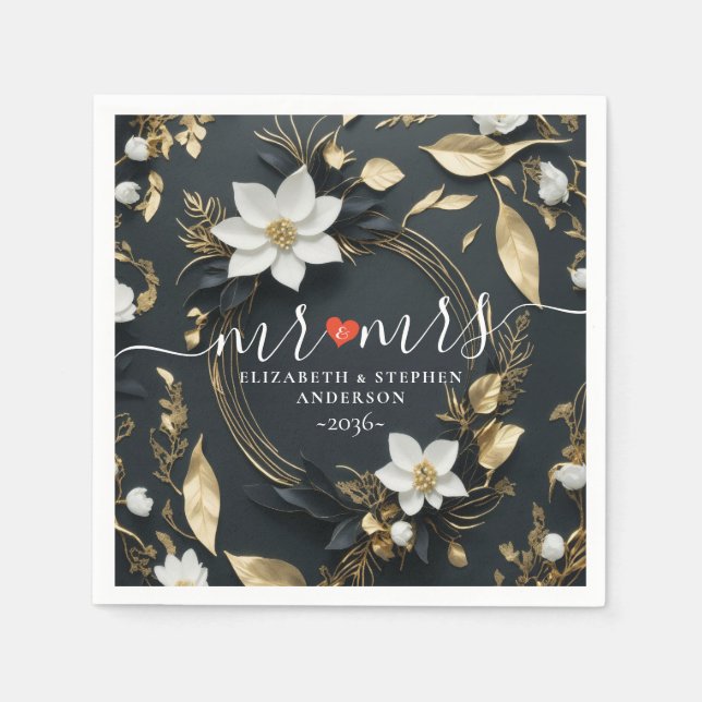 Elegante Hochzeit mit Schwarz-weißem und goldenem  Serviette (Vorderseite)