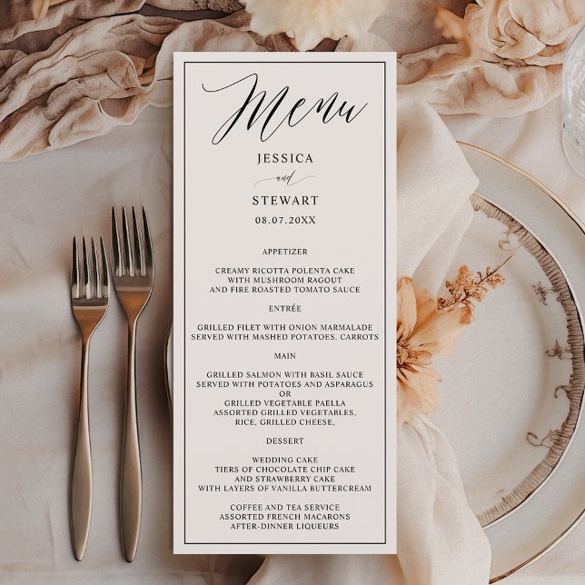 Elegante Hochzeit mit Schwarz-weißer Kalligrafie Menükarte (Elegant modern black white calligraphy wedding menu)
