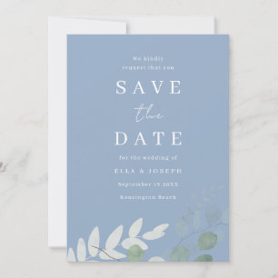 Elegante Hochzeit mit staubblauen grünen Blättern Save The Date