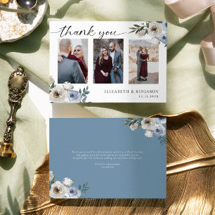 Elegante Hochzeit mit staubblauer Blumengestaltung Dankeskarte